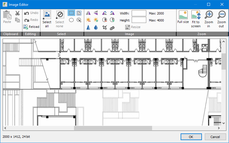 ProMaster Key Manager 8 Image Editor window. At this top of this window is a ribbon menu with numerous tools for altering an image, grouped into 5 sections; “Clipboard”, “Editing”, “Select”, “Image” and “Zoom”. Below the ribbon menu the image being edited is shown (currently a building floor plan). In the bottom left corner, information about the image’s height, width and colour depth is shown. In the bottom right corner, there is an “OK” button (for saving the changes to the image being stored) and a “Cancel” button.